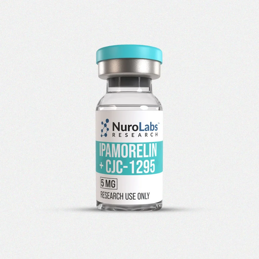 NuroLabs Research ipamorelin and CJC-1295 glass vial with a turquoise cap and turquoise and white label