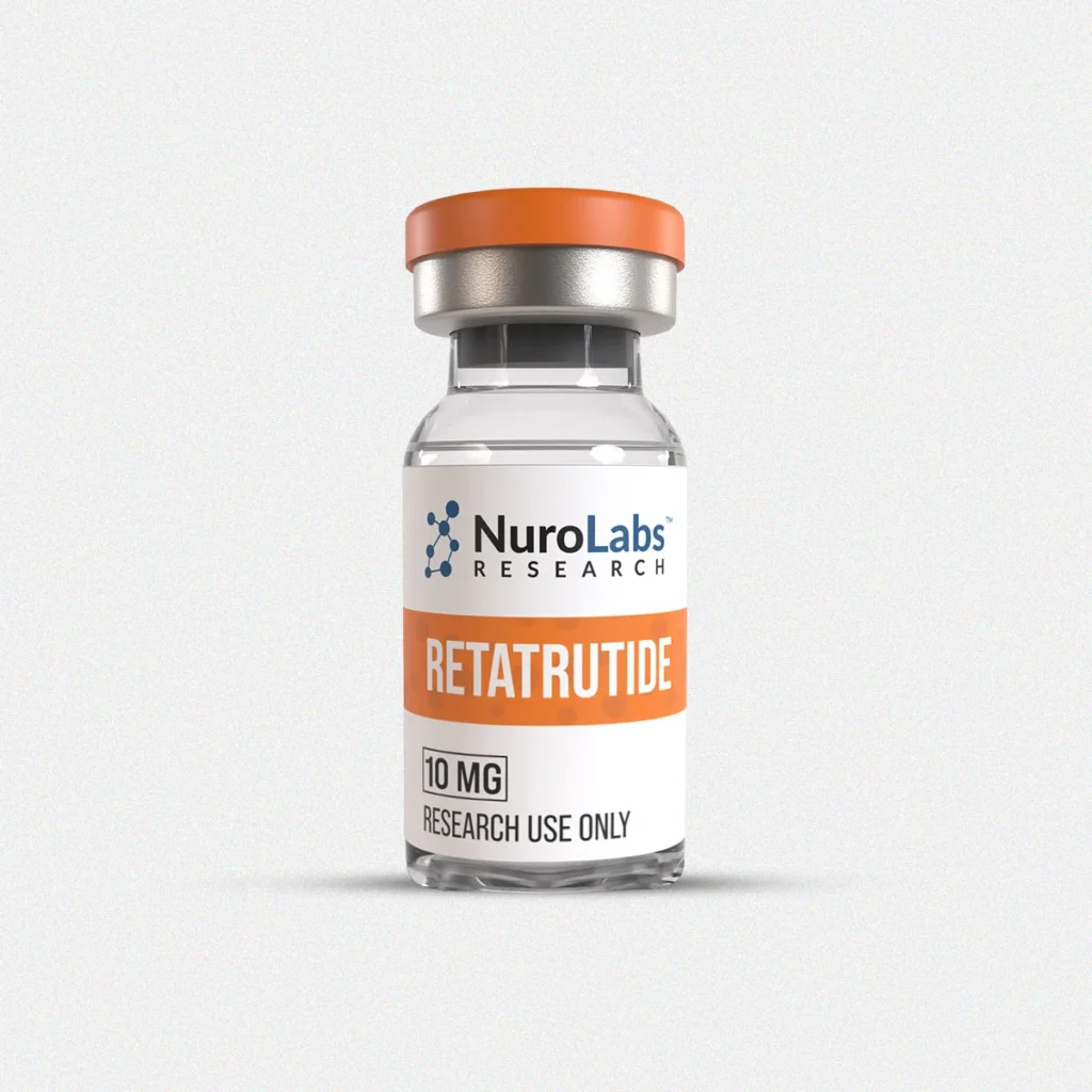 NuroLabs Research retatrutide glass vial with an orange cap and orange and white label