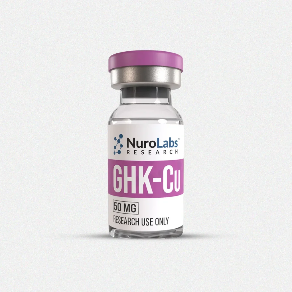 NuroLabs Research GHK-CU copper peptide 50 mg vial with a magenta cap on a white background
