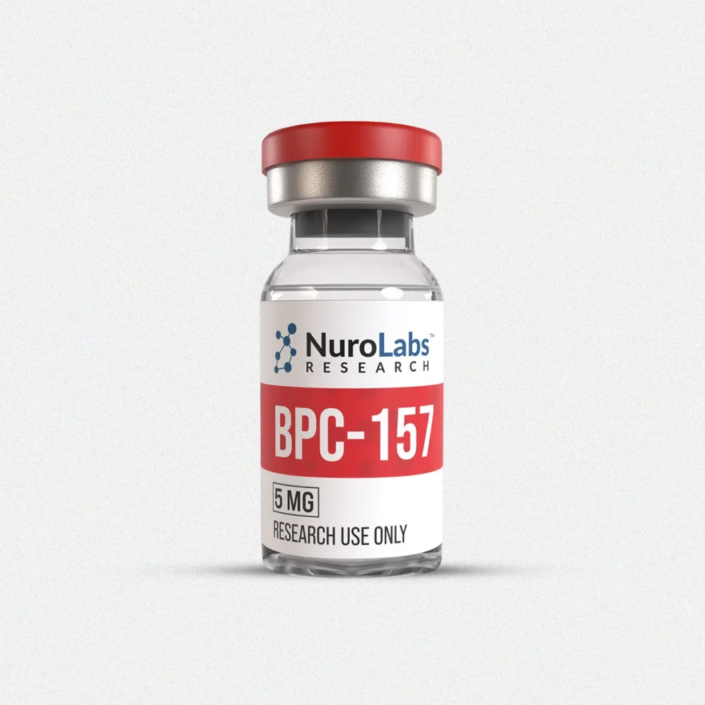 NuroLabs Research BPC157 (BPC-157) glass vial with a red cap and red and white label