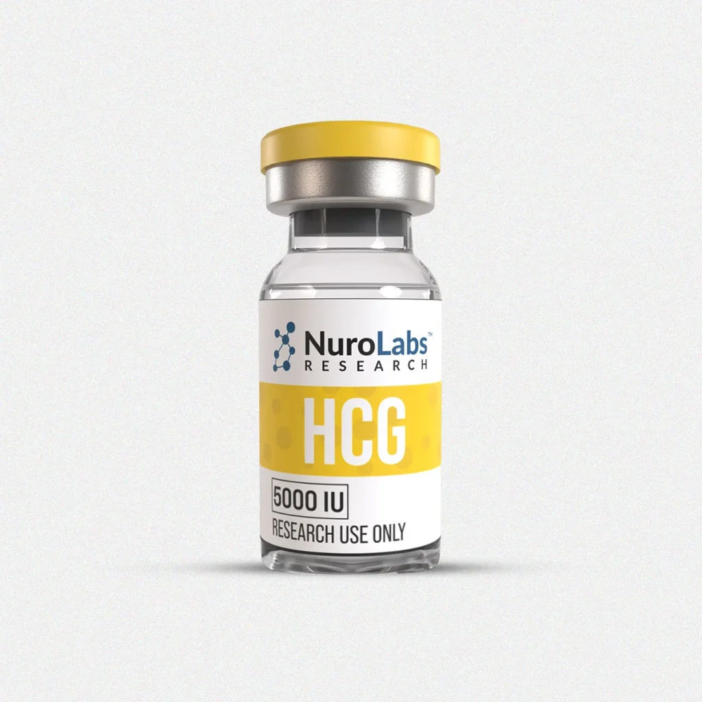 NuroLabs Research HCG glass vial with a yellow cap and yellow and white label