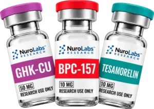 NuroLabs GHK-CU, BPC-157 and Tesamorelin peptide vials