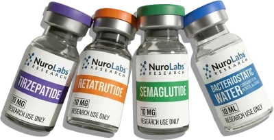 NuroLabs Research peptide vials with coloured caps, including retatrutide and semaglutide